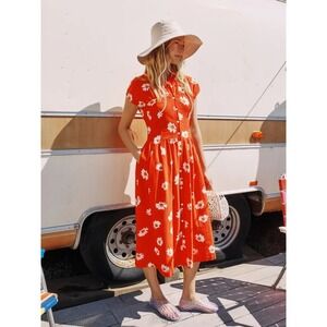 Lisa Says Gah Midi Dress NWT Sz M Joan Red Daisy Floral ShirtDress Pocket Cotton